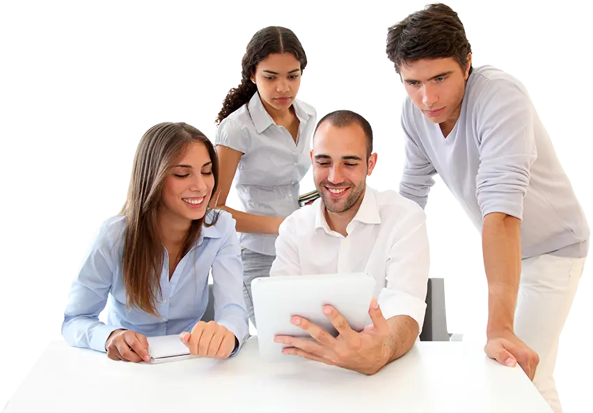 People collaborating and exploring live TV streaming options on a tablet